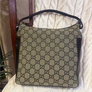 Gucci Green Canvas and Black Leather Shoulder Bag with COA